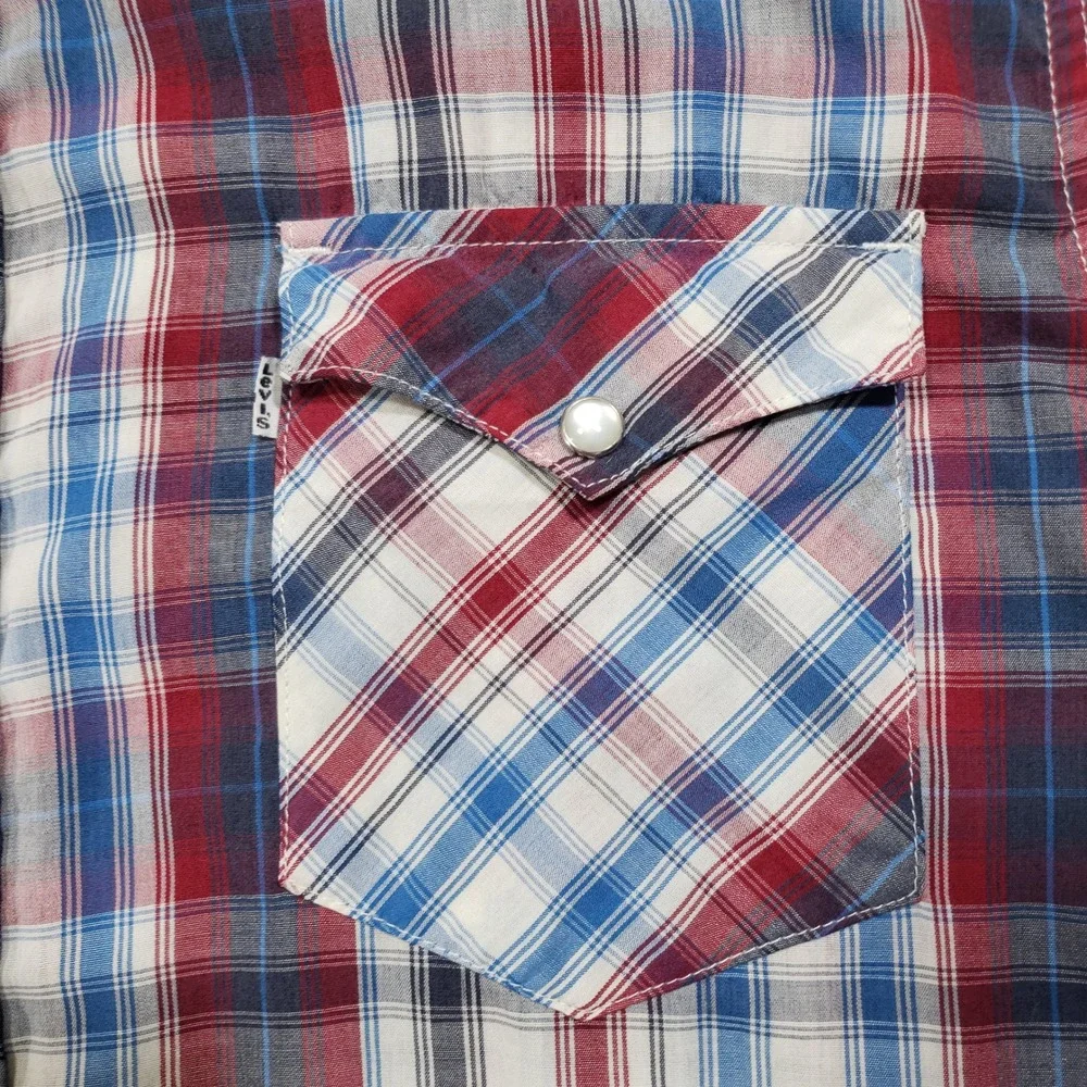 Levi's Pearl Snap Shirt Mens XL Red Blue Plaid Western Short Sleeve Standard Fit